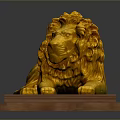 Ornate Golden Lion Statue Lying On Polished Wooden Base Decorative Art Piece