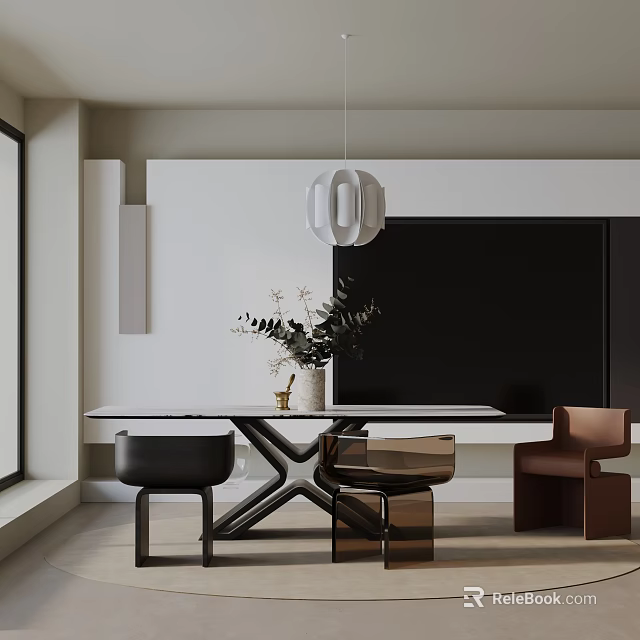 Modern Dining Table Set With White Tabletop Black X-Legs Mixed Chairs Greenery And Pendant Light 3d model 