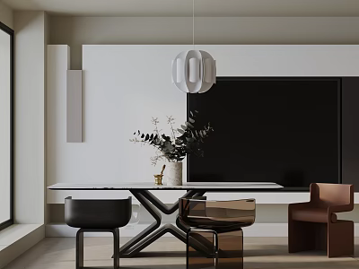 Modern Dining Table Set With White Tabletop Black X-Legs Mixed Chairs Greenery And Pendant Light 3d model