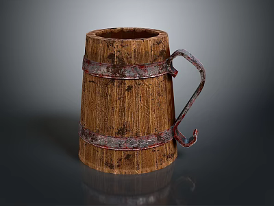 Wooden Barrel Shaped Mug With Metal Bands And Decorative Handle For Daily Use 3d model
