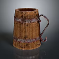 Wooden Barrel Shaped Mug With Metal Bands And Decorative Handle For Daily Use
