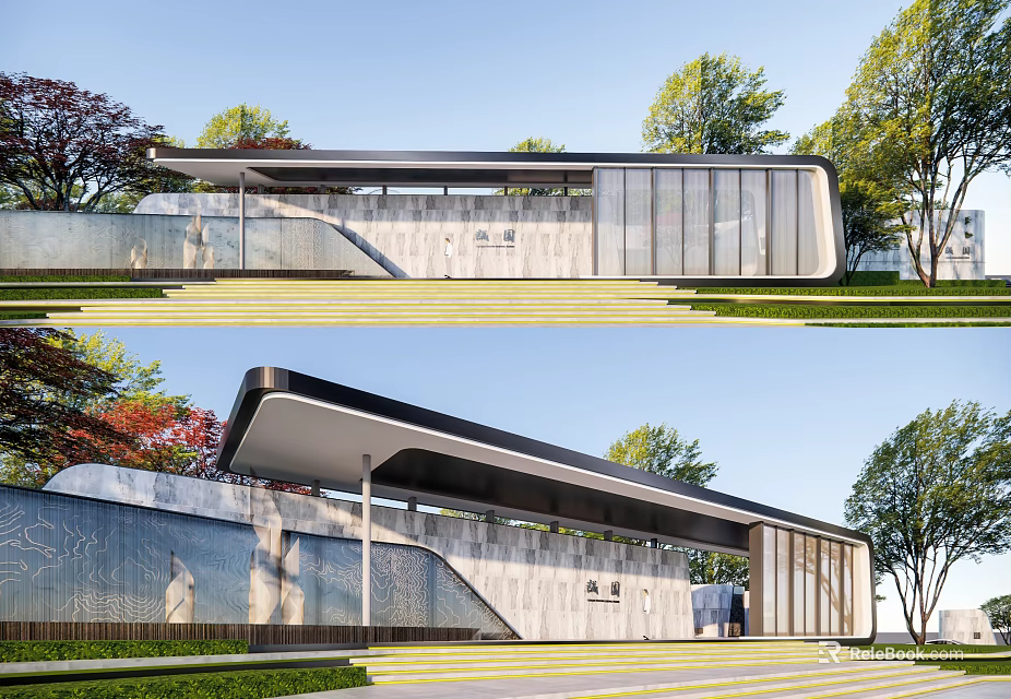 Modern Entrance Gate Design With Glass Curtain Wall Metal Roof Stone Wall And Green Plants 3d model 