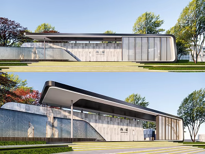 Modern Entrance Gate Design With Glass Curtain Wall Metal Roof Stone Wall And Green Plants 3d model