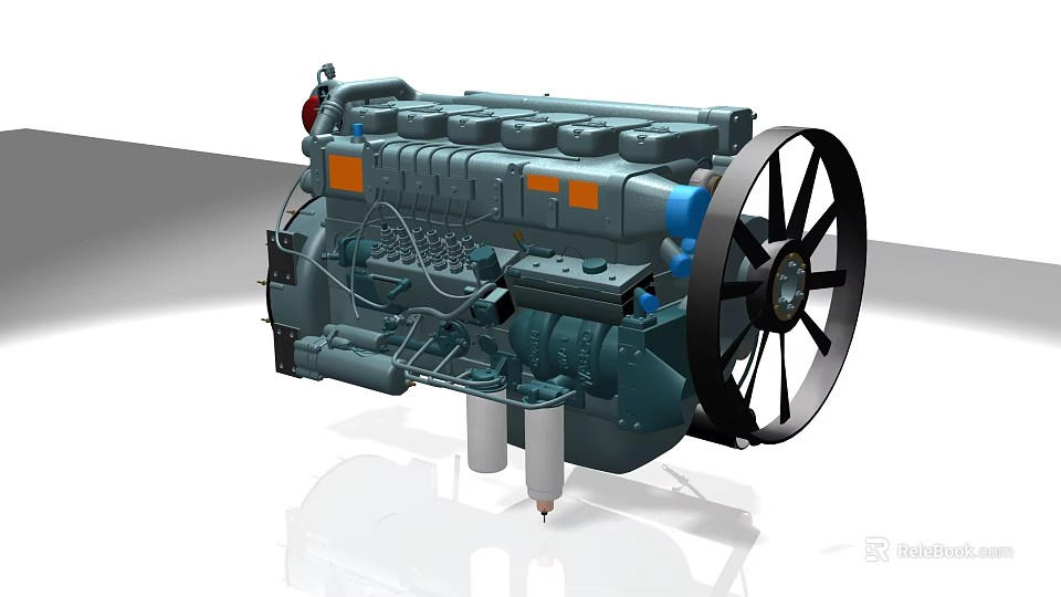 Industrial Engine With Multiple Cylinders Mechanical Fan And Metal Pipes 3d model 