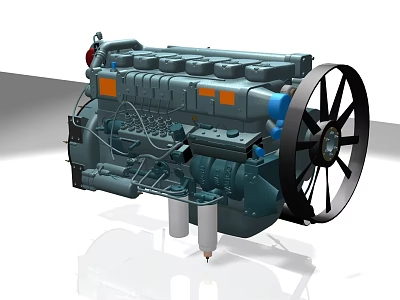 Industrial Engine With Multiple Cylinders Mechanical Fan And Metal Pipes 3d model