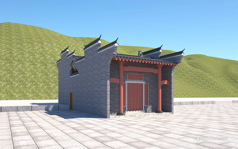 Traditional Chinese Ancient Architecture With Gray Brick Walls Red Door And Overhanging Eaves 3d model 