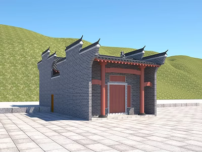 Traditional Chinese Ancient Architecture With Gray Brick Walls Red Door And Overhanging Eaves 3d model