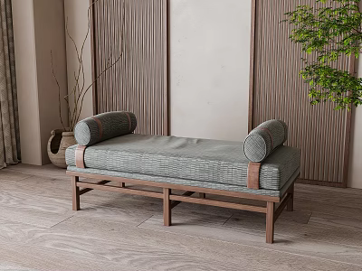 Modern Daybed Interior With Wooden Frame Gray Cushion And Green Plant Against Wooden Wall 3d model