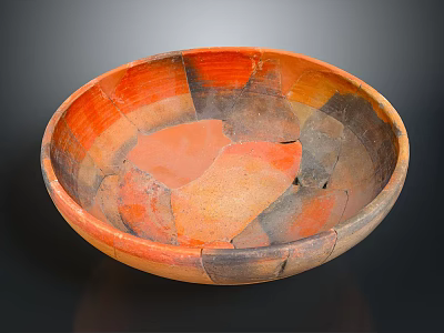 Ancient Ceramic Bowl Sculpture with Orange and Black Patterns Handcrafted Carving Details 3d model