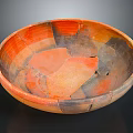 Ancient Ceramic Bowl Sculpture with Orange and Black Patterns Handcrafted Carving Details