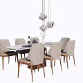 Modern Dining Table Set With Six Beige Chairs And Hanging Pendant Lights 3d model