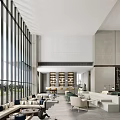 Modern Sales Office Interior Design With Hanging Lights Sofas Tables Large Windows And Stairs