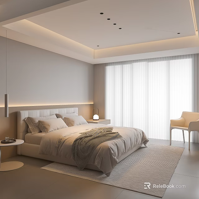 Modern Minimalist Light colored Bedroom Interior With Large Bed Nightstand Chair Rug And Curtains 3d model 
