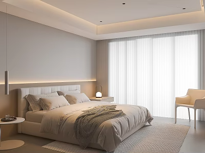 Modern Minimalist Light colored Bedroom Interior With Large Bed Nightstand Chair Rug And Curtains 3d model