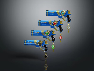 Blue Commercial Equipment Four Pieces With Gold Accents Colored Gemstones Pistol Like Design And Ornaments 3d model