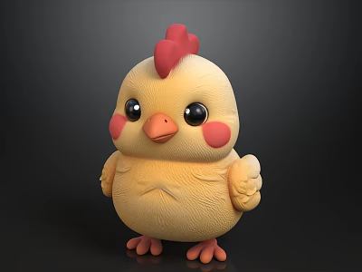 Cute Yellow Chicken Plush Toy With Red Comb And Pink Cheeks On Black Background 3d model
