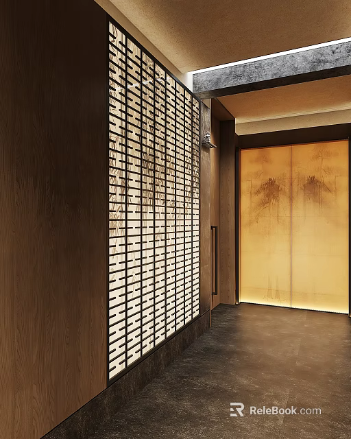 Elegant Japanese Restaurant Interior With Wooden Walls Lattice Screen Sliding Doors And Warm Lighting 3d model 