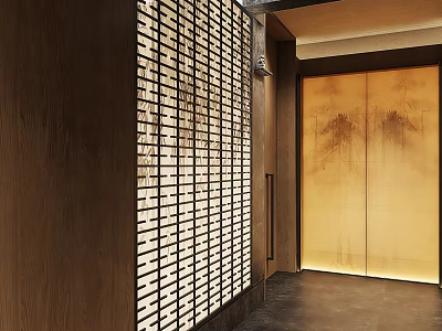 Elegant Japanese Restaurant Interior With Wooden Walls Lattice Screen Sliding Doors And Warm Lighting 3d model