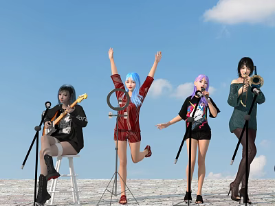 Group of People Performing Outdoor with Guitar Microphone Trombone and Dancing under Blue Sky 3d model