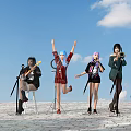 Group of People Performing Outdoor with Guitar Microphone Trombone and Dancing under Blue Sky