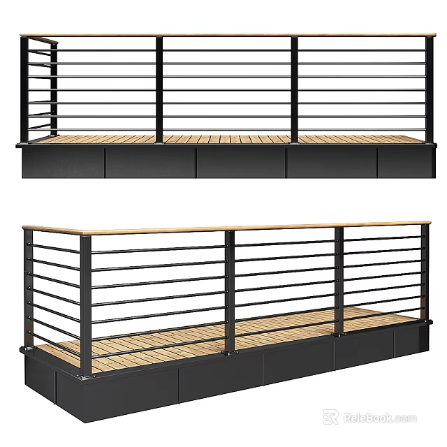 Modern Railings With Black Metal Bars And Wooden Deck Platform Design 3d model 