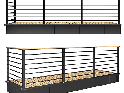 Modern Railings With Black Metal Bars And Wooden Deck Platform Design 3d model
