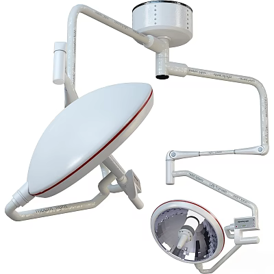Medical Device Surgical Light With White Head Red Trim And Adjustable Arm 3d model