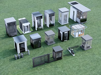 Various Styles of Modern Security Booths and Gates Displayed on Green Grass 3d model