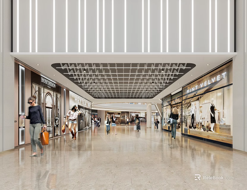 Modern Shopping Mall Atrium Interior With Retail Shops And Pedestrians 3d model 