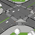 Traffic Signage At Urban Intersection With Zebra Crossings Vehicles And Street Lamps