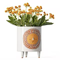 Potted Plant with White Pot Sun Face Design Orange Flowers Green Leaves on Small Legs
