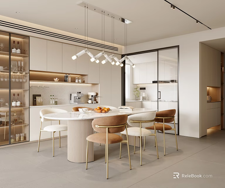 Modern Restaurant Dining Area With Round Table Chairs Pendant Lights And Open Design 3d model 