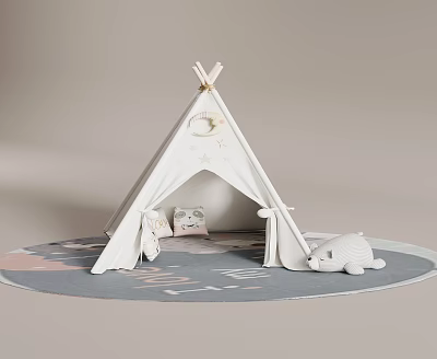 White Kids Teepee Tent with Play Mat Love Print and Plush Bear Cushions 3d model
