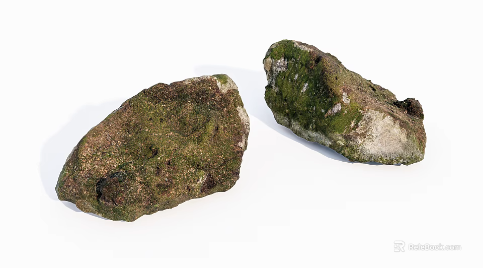 Natural Stone and Wood Elements with Green Moss Covered Surfaces in Natural Setting 3d model 