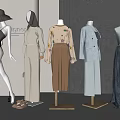 Fashion Mannequins Showcasing Stylish Dresses Tops Coats And Long Skirts In Minimalist Space