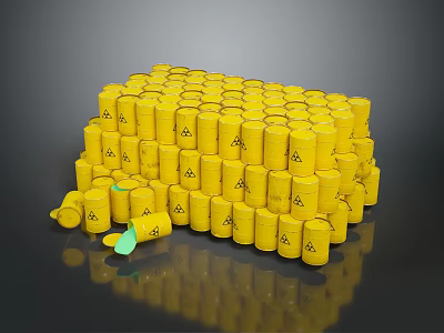 Yellow Radioactive Waste Drums Stacked With Radioactive Symbols And Fallen Lids 3d model