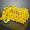 Yellow Radioactive Waste Drums Stacked With Radioactive Symbols And Fallen Lids