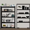 Modern Black Shelving Unit With Kitchen Appliances Tableware And Storage Containers For Home Organization