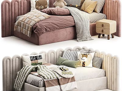 Cozy Modern Sofa Bed With Curved Backrest Pink Beige Pillows Blankets And Stuffed Toys 3d model
