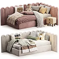 Cozy Modern Sofa Bed With Curved Backrest Pink Beige Pillows Blankets And Stuffed Toys