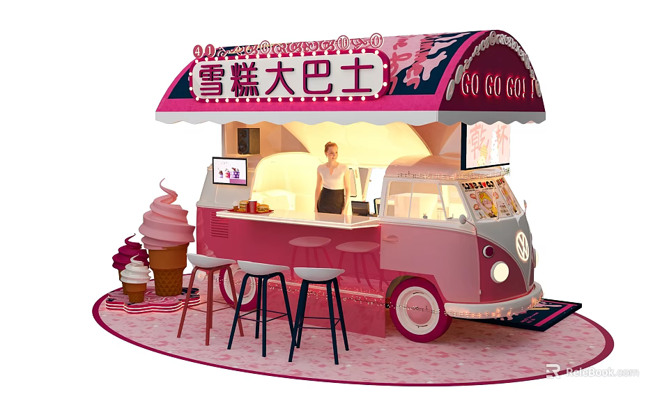 Pink Ice Cream Bus Photo Spot With Colorful Decorations Stools And Signage 3d model 
