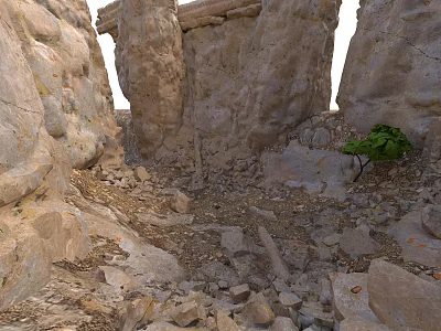 Natural Rocky Scene With Tall Stone Pillars Scattered Rubble And Small Green Plants 3d model