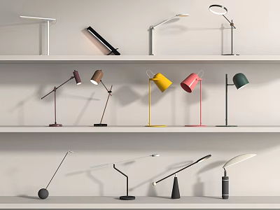 Diverse Modern Table Lamps With Various Designs Colors And Styles On White Shelves 3d model
