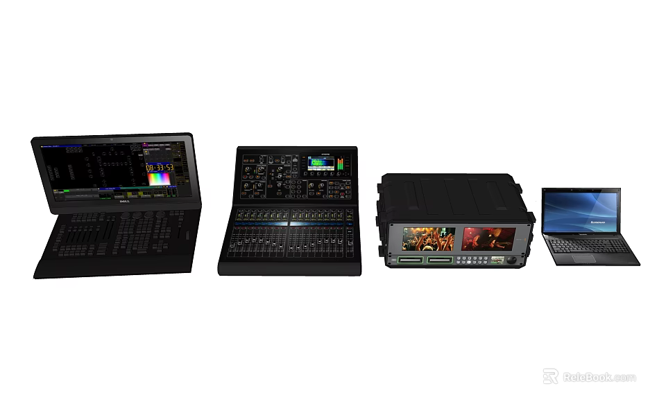 Professional Headphones and Speakers System with Mixing Consoles Equipment Cases and Laptops 3d model 
