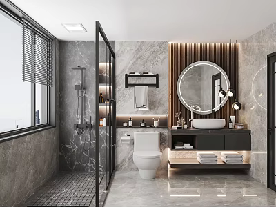 Modern Bathroom Interior With Marble Walls Glass Shower Enclosure Toilet Vanity And Round Mirror 3d model