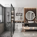 Modern Bathroom Interior With Marble Walls Glass Shower Enclosure Toilet Vanity And Round Mirror
