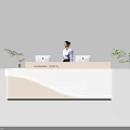 Modern Retail Store Front Desk with Curved Design Laptop and Green Plant