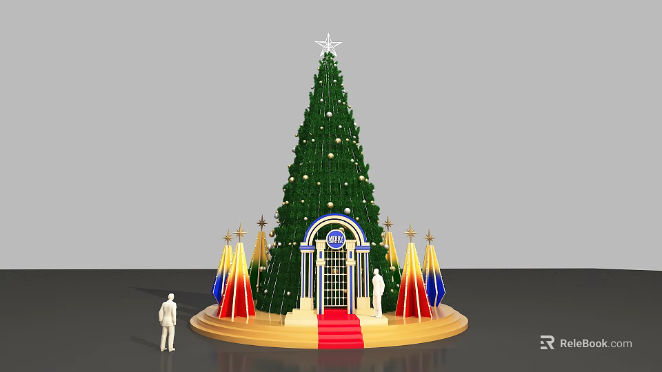 Festive Christmas Tree With Star Topper Red Carpet And Decorative Columns 3d model