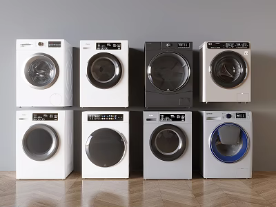 Modern Front Load Washing Machines With Various Colors And Designs On 3d model