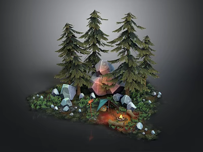 Lush Natural Forest Campsite With Tall Pine Trees Rocks And Burning Campfire 3d model